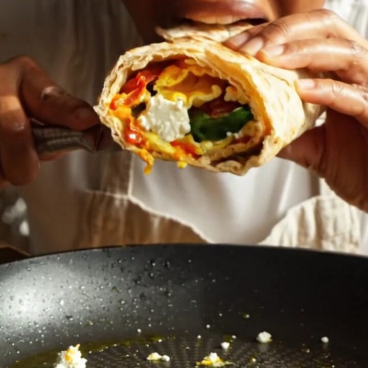 A close-up shot of a crispy, golden-seared lavash wrap sliced in half, revealing layers of fluffy egg whites, wilted spinach