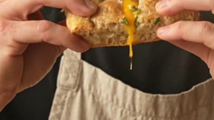 A close-up of a crispy rosemary focaccia breakfast panini showing layers of burrata, pesto, prosciutto, and a runny egg yolk.