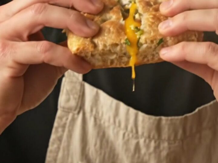 A close-up of a crispy rosemary focaccia breakfast panini showing layers of burrata, pesto, prosciutto, and a runny egg yolk.