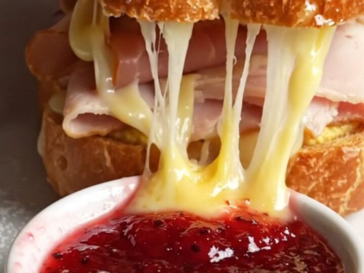 A golden, custard-fried Monte Cristo sandwich topped with powdered sugar, served with a side of raspberry jam.