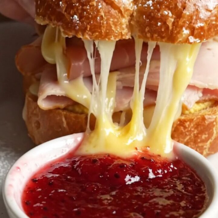 A golden, custard-fried Monte Cristo sandwich topped with powdered sugar, served with a side of raspberry jam.