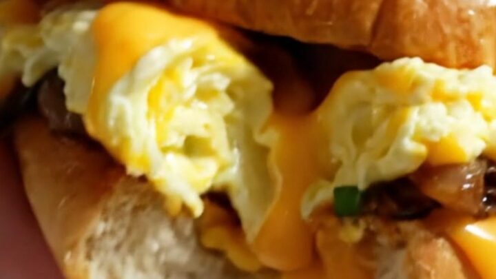 A close-up of a soft-scrambled egg sandwich on a toasted brioche bun with chives and visible melted cheddar.