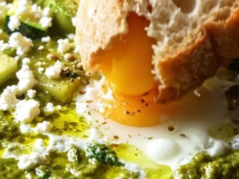 A cast iron skillet filled with green shakshuka, featuring eggs, spinach, and feta, shot in bright morning light.