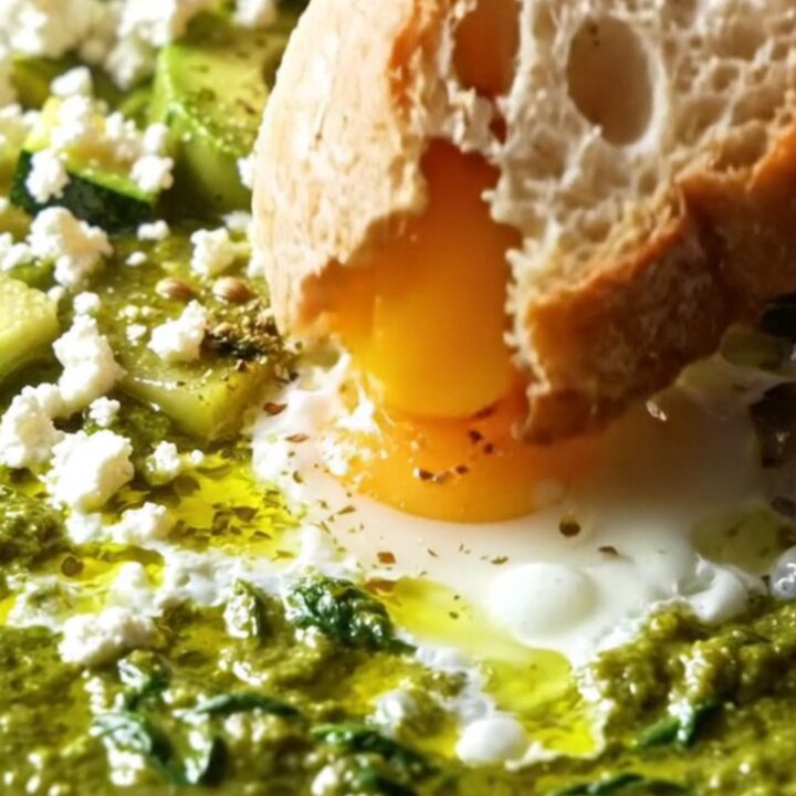 A cast iron skillet filled with green shakshuka, featuring eggs, spinach, and feta, shot in bright morning light.