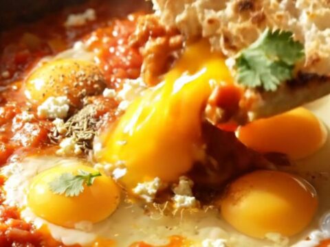 A close-up of a black cast-iron skillet filled with a rich, smoky red tomato sauce and four perfectly poached eggs