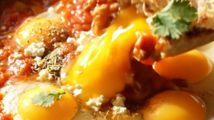 A close-up of a black cast-iron skillet filled with a rich, smoky red tomato sauce and four perfectly poached eggs