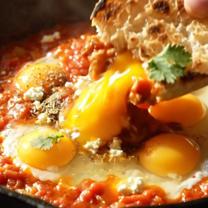 A close-up of a black cast-iron skillet filled with a rich, smoky red tomato sauce and four perfectly poached eggs