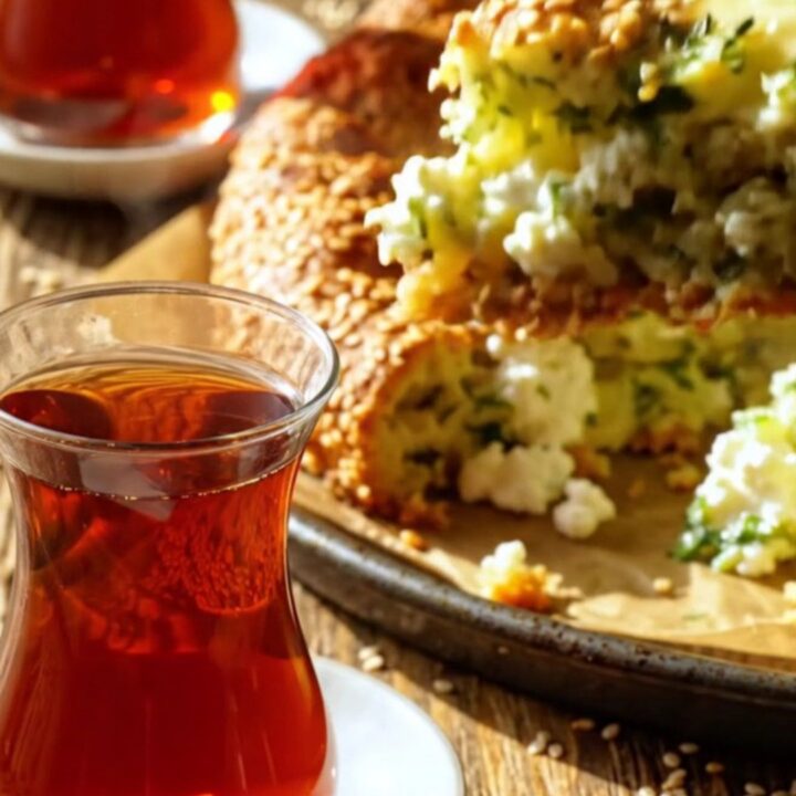 A golden-brown square slice of Turkish feta and dill cake with visible herbs and seeds, steam rising from it.