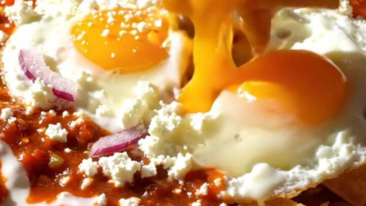 A vibrant cast-iron skillet filled with crispy chilaquiles topped with sunny-side-up eggs, queso fresco, and Mexican crema.