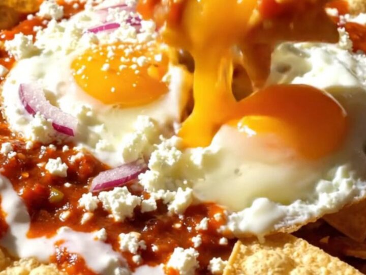 A vibrant cast-iron skillet filled with crispy chilaquiles topped with sunny-side-up eggs, queso fresco, and Mexican crema.