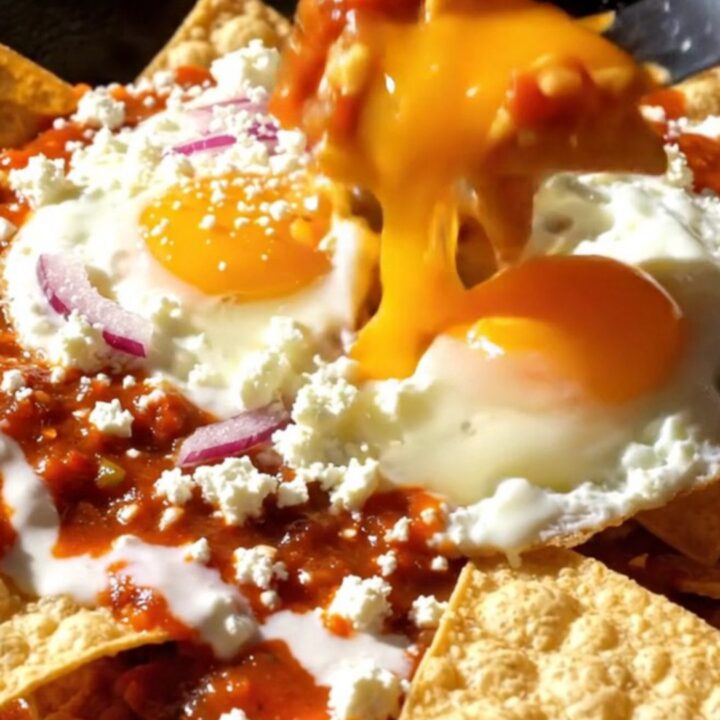 A vibrant cast-iron skillet filled with crispy chilaquiles topped with sunny-side-up eggs, queso fresco, and Mexican crema.