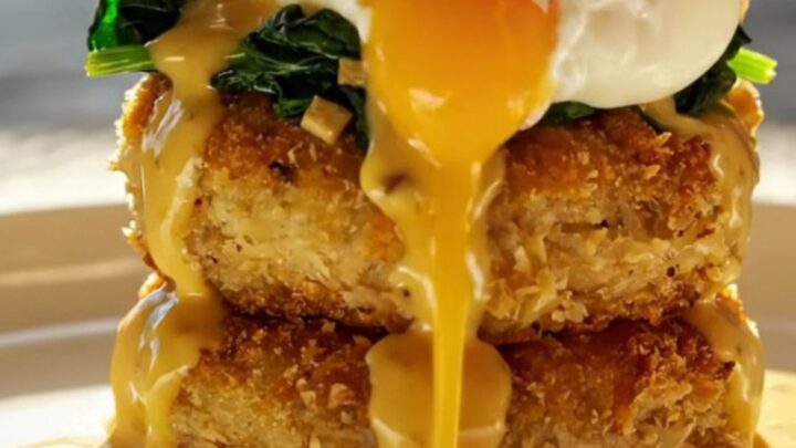 A golden, pan-seared jumbo lump crab cake stacked with sautéed garlic spinach, a poached egg, and hollandaise.