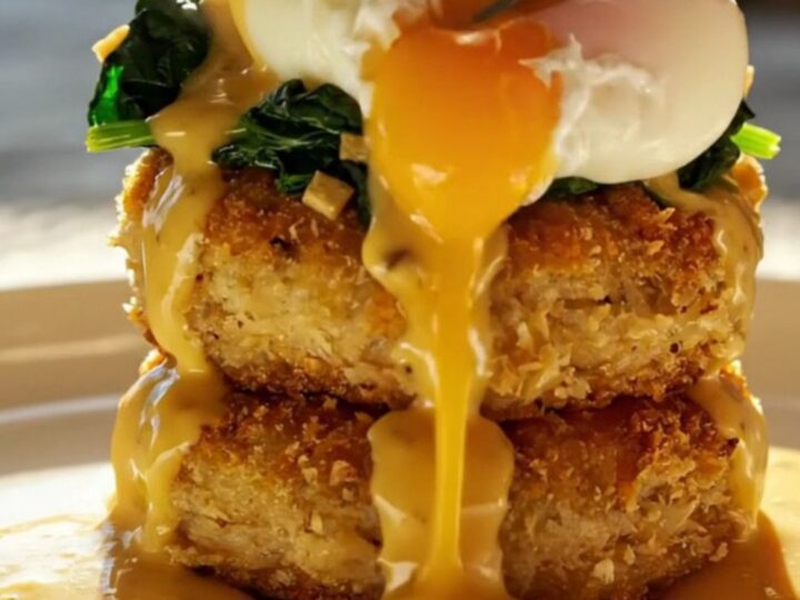 A golden, pan-seared jumbo lump crab cake stacked with sautéed garlic spinach, a poached egg, and hollandaise.