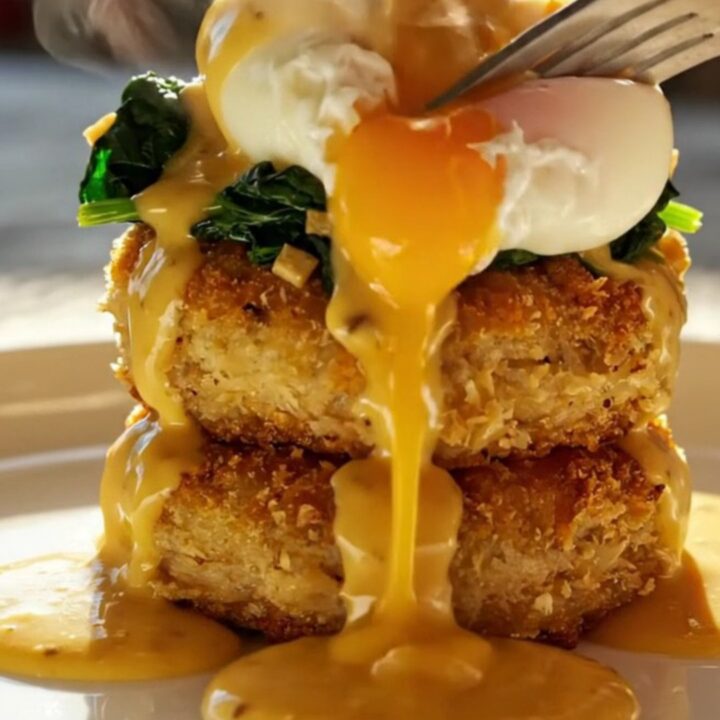 A golden, pan-seared jumbo lump crab cake stacked with sautéed garlic spinach, a poached egg, and hollandaise.
