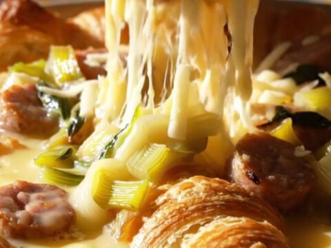 A golden-baked croissant strata with visible melted Gruyere and browned sausage, served in a ceramic dish.