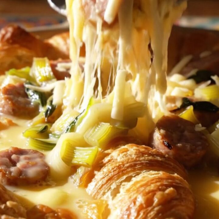 A golden-baked croissant strata with visible melted Gruyere and browned sausage, served in a ceramic dish.