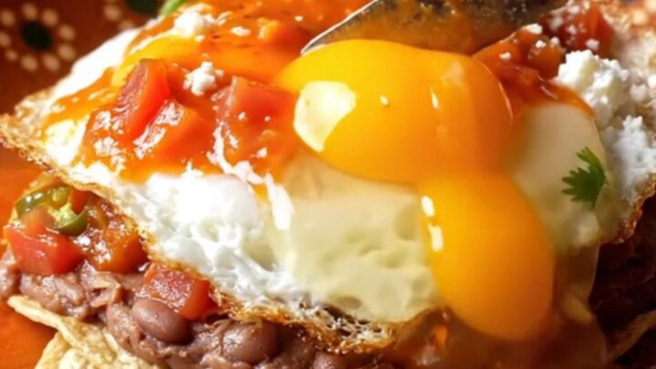 A close-up of Huevos Rancheros on a rustic clay plate with charred tortillas, fried eggs, and ranchero sauce.