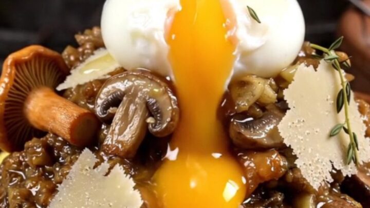 A golden-seared creamy polenta bowl topped with glossy wild mushrooms and a poached egg.