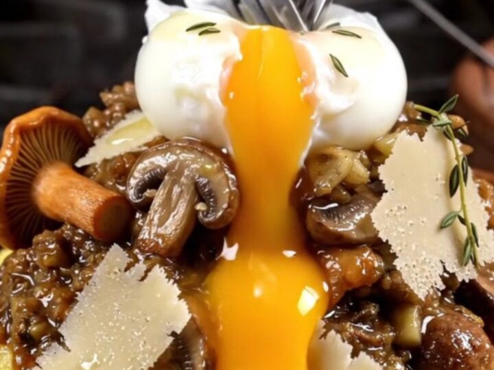 A golden-seared creamy polenta bowl topped with glossy wild mushrooms and a poached egg.