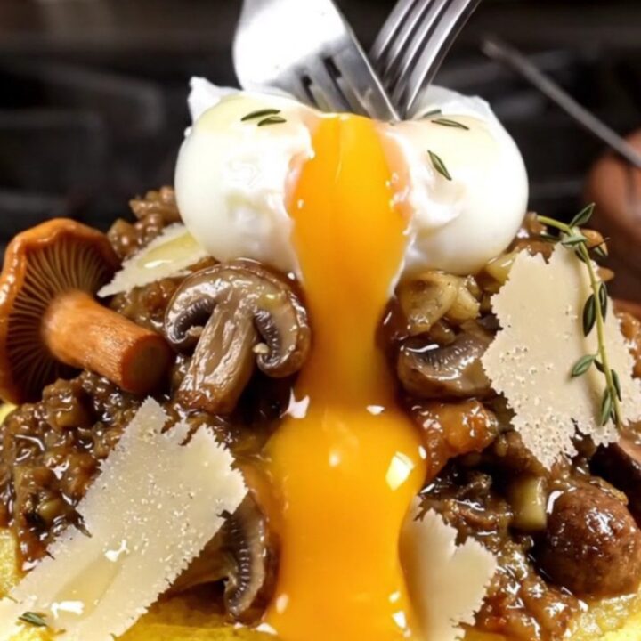 A golden-seared creamy polenta bowl topped with glossy wild mushrooms and a poached egg.