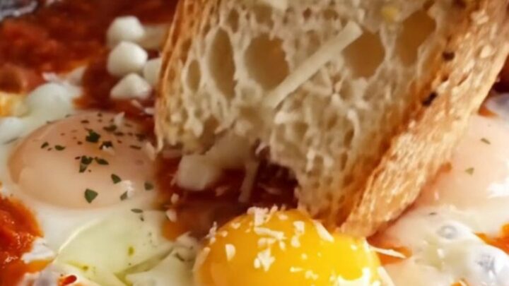 A close-up of three poached eggs in a vibrant red tomato sauce topped with melted mozzarella and herbs.