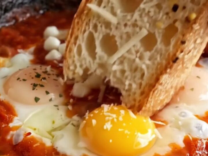 A close-up of three poached eggs in a vibrant red tomato sauce topped with melted mozzarella and herbs.