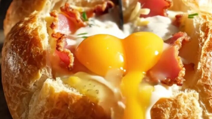 A crispy, golden-brown mini brioche boat filled with melted Gruyère, crispy bacon, and a runny egg yolk.