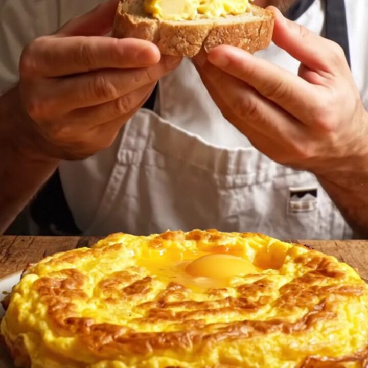 A thick, golden wedge of Spanish tortilla showing a creamy, custardy interior with tender potato slices.