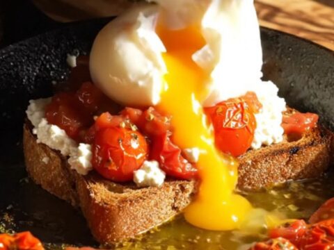 Vibrant whipped feta sourdough toast topped with blistered za'atar cherry tomatoes and a poached egg.