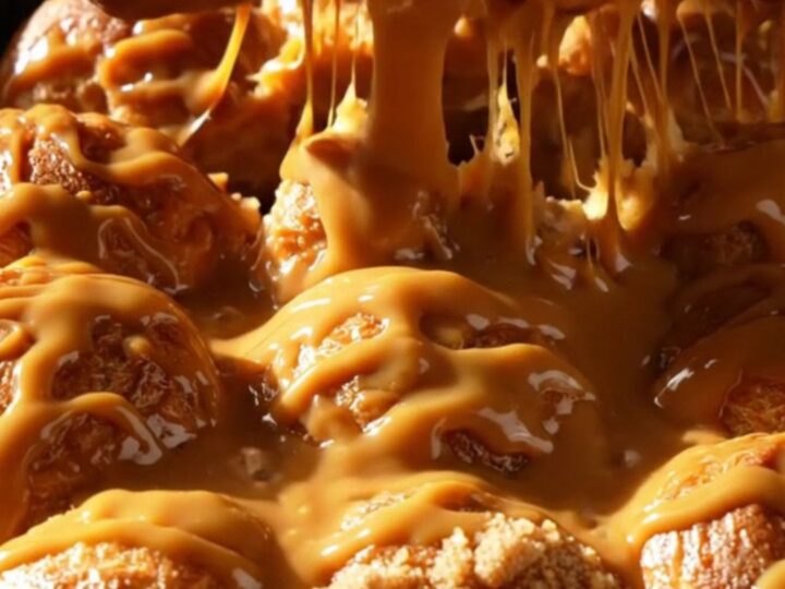 A steaming pull-apart brioche monkey bread in a cast-iron skillet with glossy butterscotch glaze.