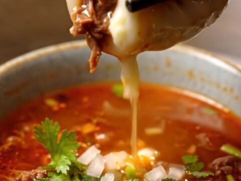 Steaming birria soup dumplings served on a porcelain spoon with a rich consommé dipping sauce in the background.