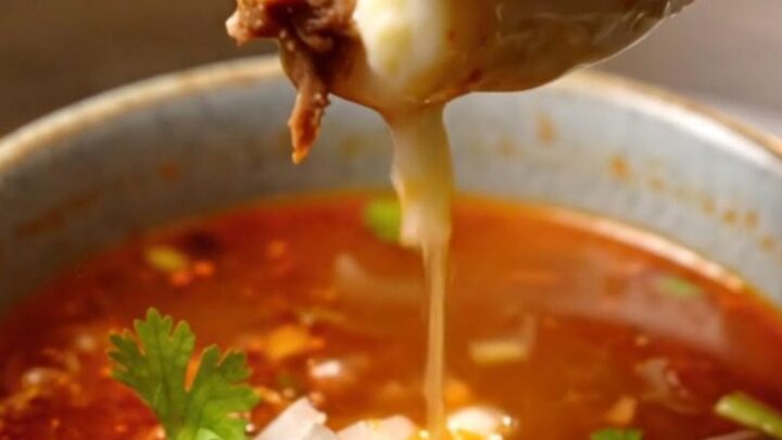 Steaming birria soup dumplings served on a porcelain spoon with a rich consommé dipping sauce in the background.