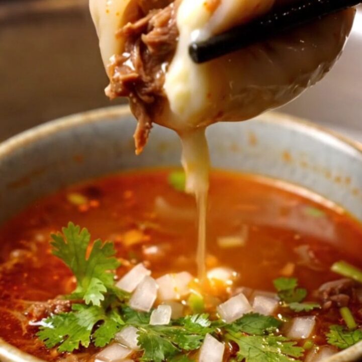Steaming birria soup dumplings served on a porcelain spoon with a rich consommé dipping sauce in the background.