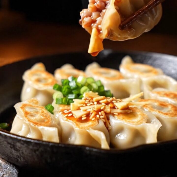 A close-up of golden-brown pork gyozas drizzled with vibrant red chili oil and sesame seeds in a dark, moody izakaya setting.