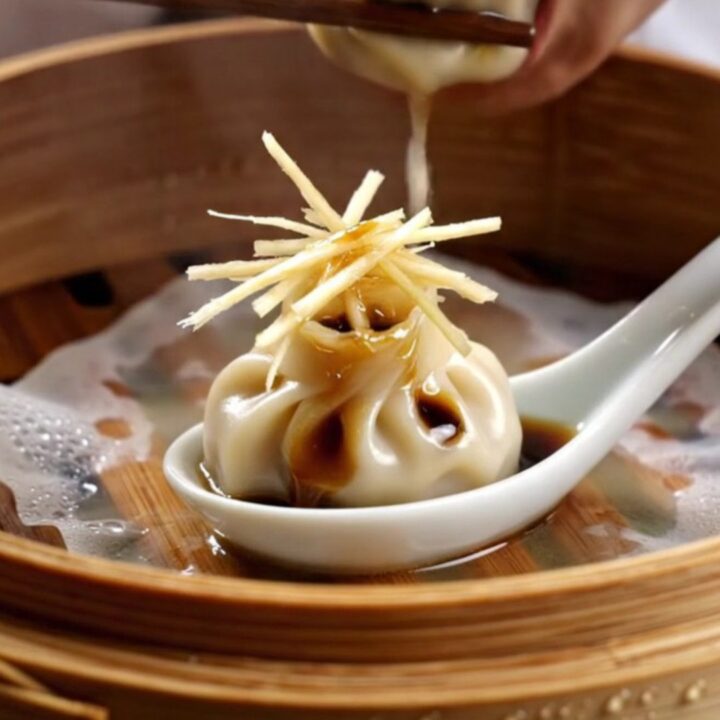 A close-up shot of a delicate 18-pleat Xiao Long Bao dumpling held by chopsticks, showing the thin, translucent skin.
