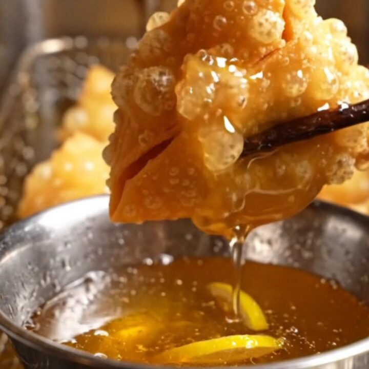 Golden, crispy lobster wonton pouches arranged on a dark plate, showing their pyramid shape and blistered texture.