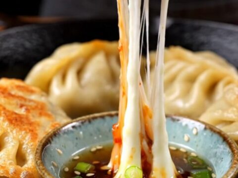 A crispy golden-brown kimchi and mozzarella dumpling being sliced in half with visible melted cheese.