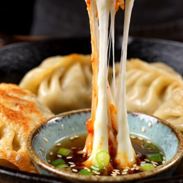 A crispy golden-brown kimchi and mozzarella dumpling being sliced in half with visible melted cheese.