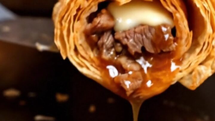 A golden, flaky Taiwanese beef roll sliced diagonally on a wooden board, showing layers of beef, cheese, and sauce.