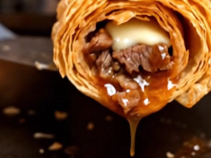A golden, flaky Taiwanese beef roll sliced diagonally on a wooden board, showing layers of beef, cheese, and sauce.