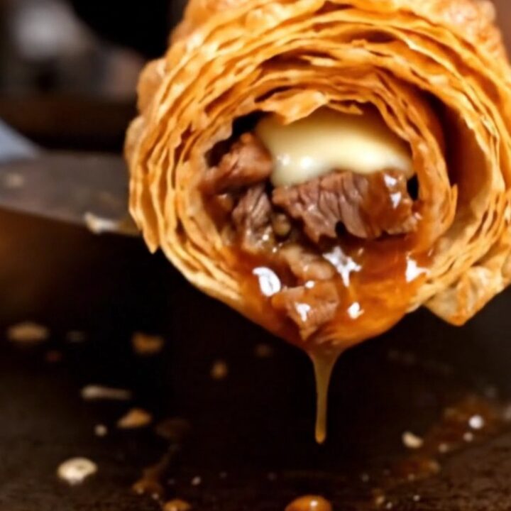A golden, flaky Taiwanese beef roll sliced diagonally on a wooden board, showing layers of beef, cheese, and sauce.