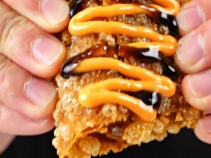 A crispy folded sushi wrap drizzled with spicy mayo and eel sauce, showing flaky salmon and avocado.