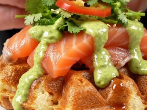 A close-up of a crispy golden sushi rice waffle topped with seared salmon belly, creamy avocado, and garnishes.