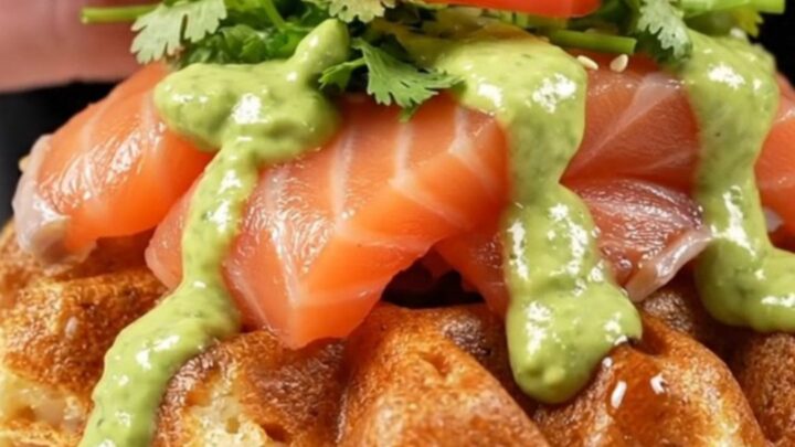 A close-up of a crispy golden sushi rice waffle topped with seared salmon belly, creamy avocado, and garnishes.