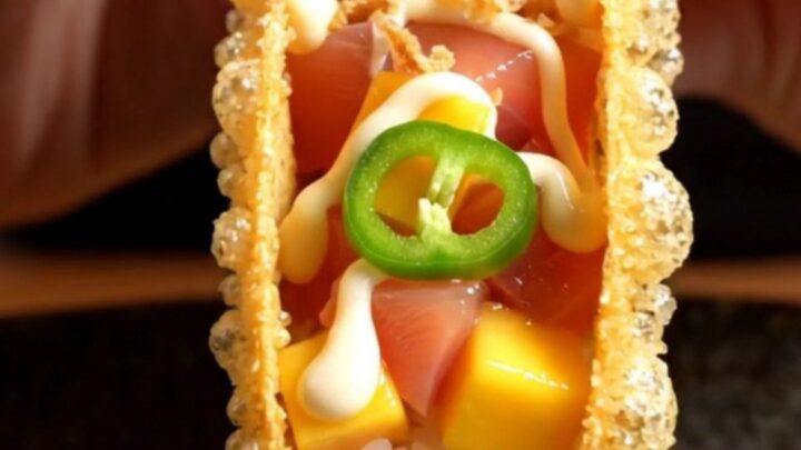 A crispy tempura nori taco filled with fresh yellowtail, mango, and spicy mayo, served on a dark izakaya-style plate.