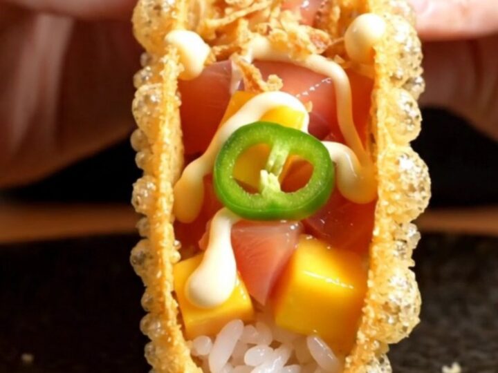 A crispy tempura nori taco filled with fresh yellowtail, mango, and spicy mayo, served on a dark izakaya-style plate.