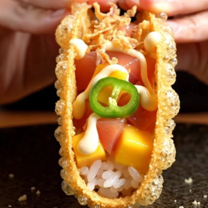 A crispy tempura nori taco filled with fresh yellowtail, mango, and spicy mayo, served on a dark izakaya-style plate.