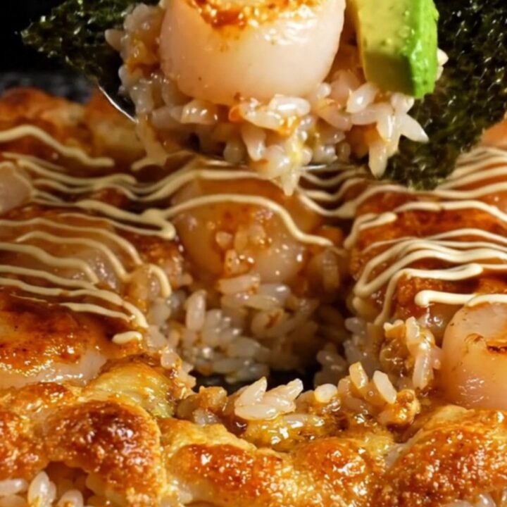 A bubbly, golden-brown scallop sushi bake in a square dish topped with bright orange tobiko.