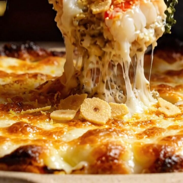 A ceramic baking dish filled with a golden, bubbling truffle lobster sushi bake, garnished with lemon zest and garlic.