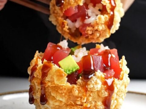 Golden, crispy air-fried rice paper poke bombs drizzled with dark unagi sauce and bright red sriracha dots.
